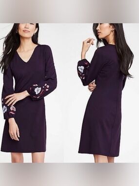 Ann Taylor Deep Plum V-Neck Dress with Embroidered Balloon Sleeves